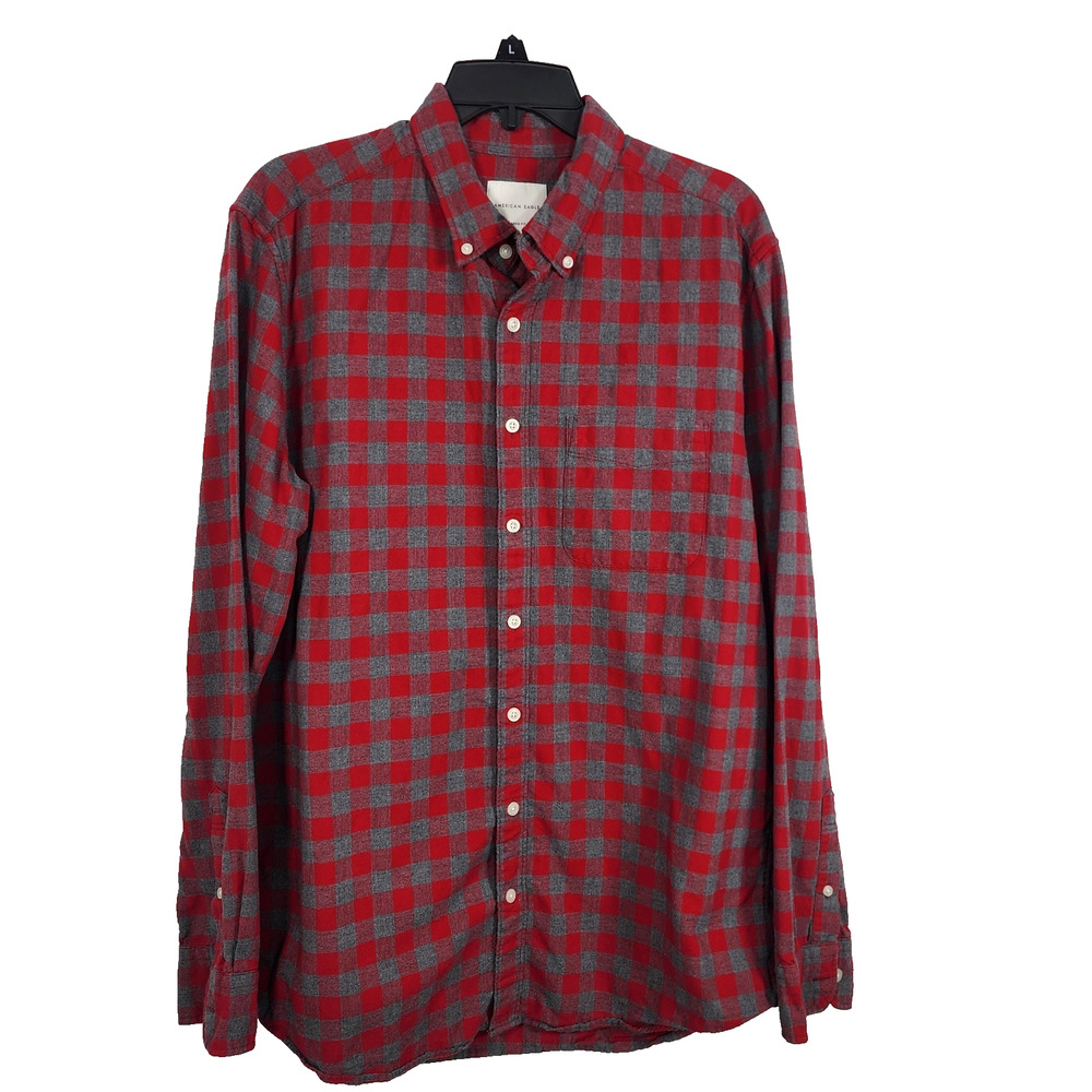 American Eagle Mens Shirt Classic Fit Large Tall Red Gray Button Check Long Slv
